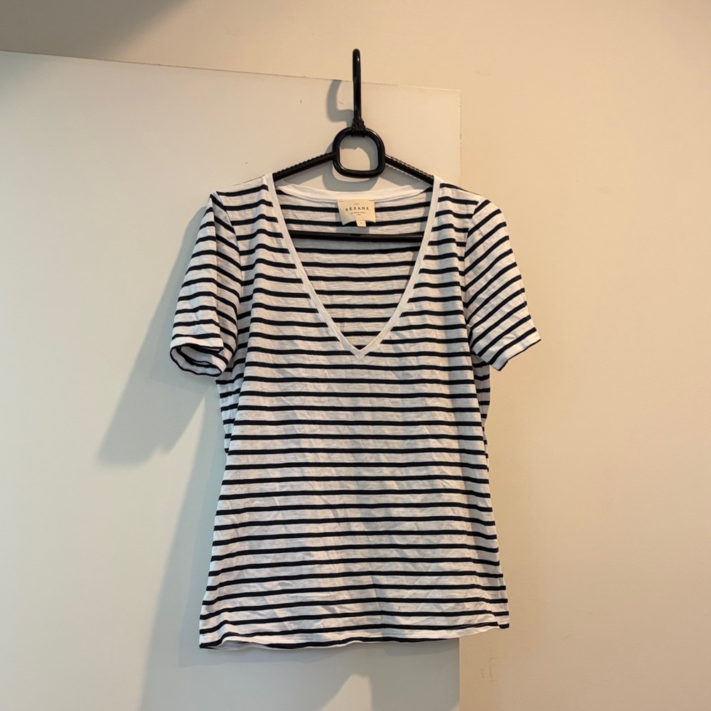 Sezane Navy & White Striped V-Neck Short Sleeve Malcolm Tee